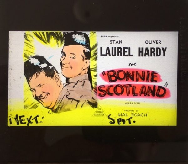 bonnie scotland original vintage 1954 glass advertising slide, Laurel & Hardy