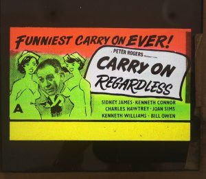 carry on regardless original vintage film glass advertising slide 1961, sid james, kenneth williams
