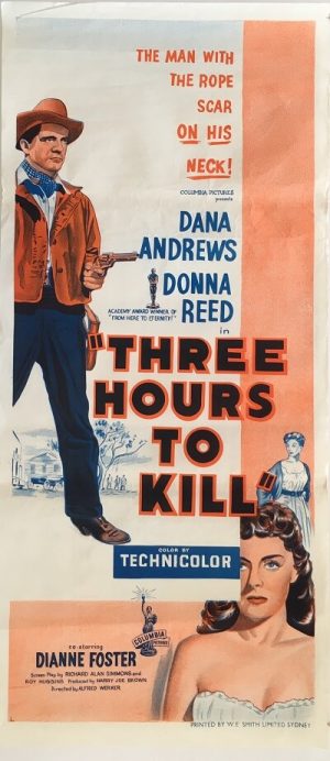 three hours to kill 1954 daybill poster, dana andrews, donna Reed, dianne Foster