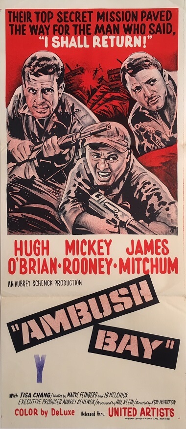 ambush bay australian and NZ daybill war movie poster staring hugh obrian, mickey rooney and james mitchum