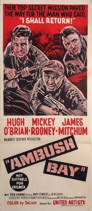 ambush bay australian daybill war movie poster staring hugh obrian, mickey rooney and james mitchum