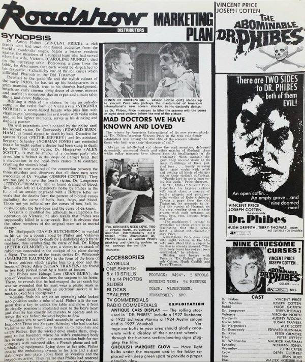 the abominable Dr Phibes Australian press sheet with Vincent Price 1971