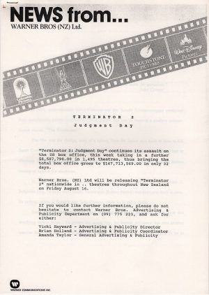 Terminator 2 New Zealand Distibutor production information document