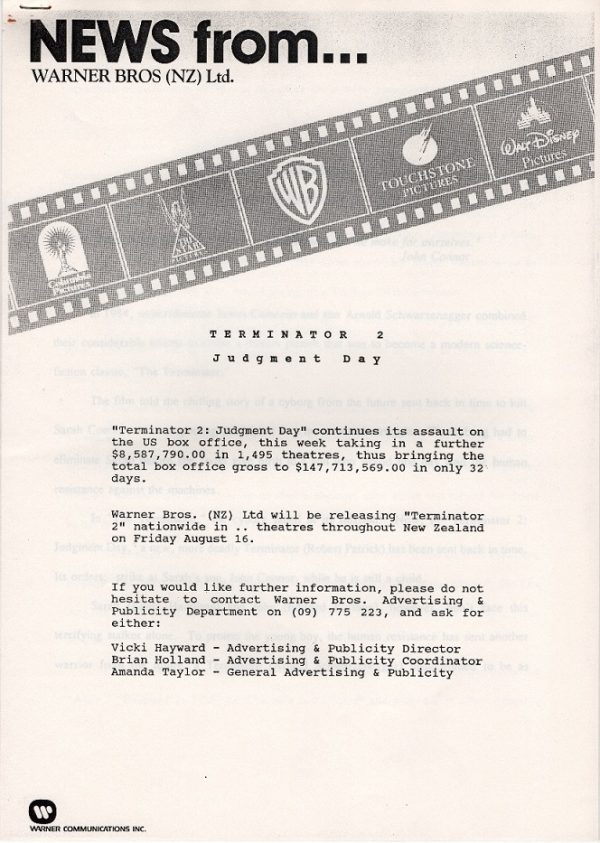 Terminator 2 New Zealand Distibutor production information document