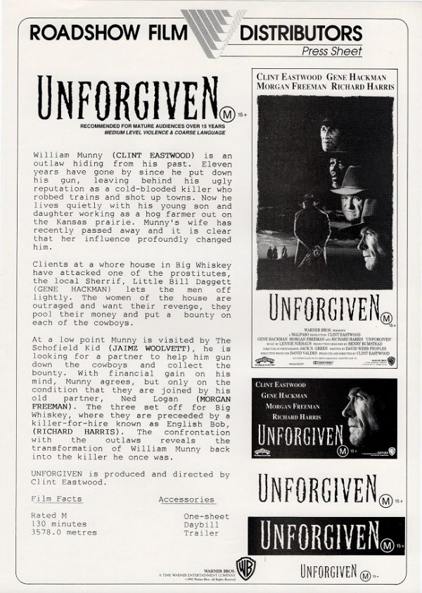 Unforgiven with Clint Eastwood Australian press sheet 1992