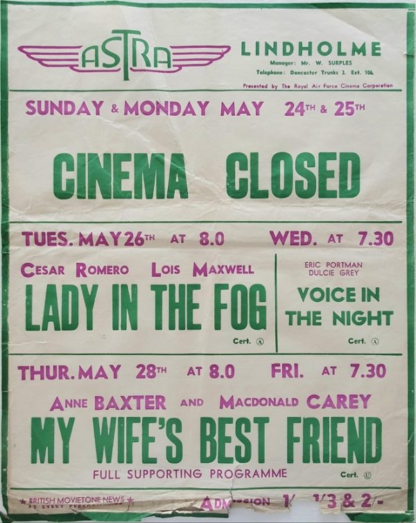 1950's UK Playbill for the Lindholme Astra Cinema with Lady In The Fog with Cesar Romero and Lois Maxwell and My Wife's Best Friend with Anne Baxter and MacDonald Carey
