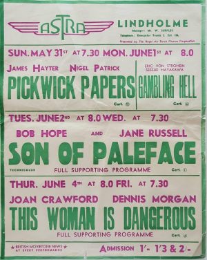 1950's UK Playbill for the Lindholme Astra Cinema with Pickwick Papers, Gambling Hell, Son Of Paleface with Bob Hope and Jane Russell , This Woman Is Dangerous with Joan Crawford and Dennis Morgan (2)