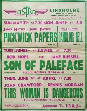 1950's UK Playbill for the Lindholme Astra Cinema with Pickwick Papers, Gambling Hell, Son Of Paleface with Bob Hope and Jane Russell (3)