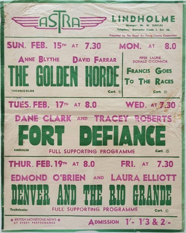 1950's UK Playbill for the Lindholme Astra Cinema with The Golden Horde with Anne Blythe, Fort Defiance with Dan Clark and Denver And The Rio Grande with Edmond O'Brien and Laura Elliott