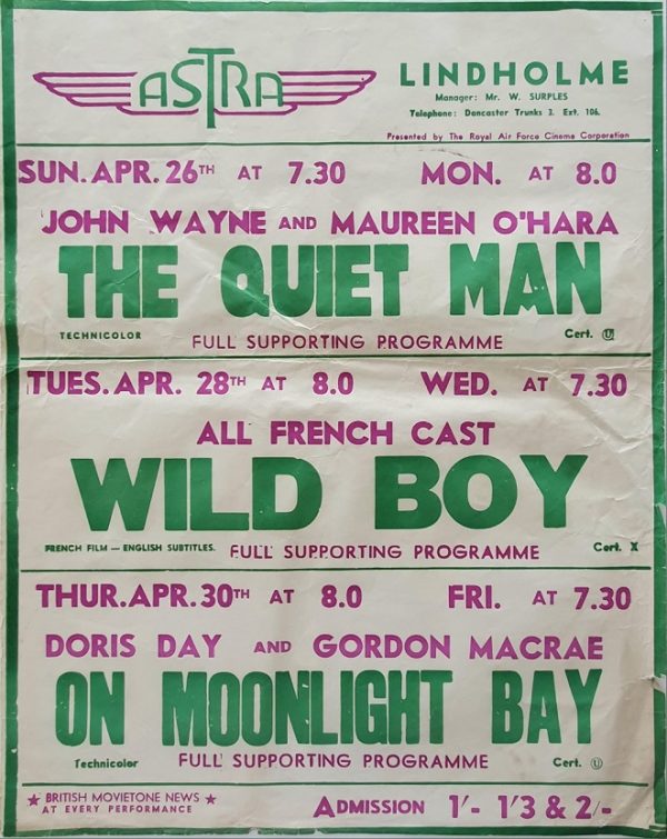 1950's UK Playbill for the Lindholme Astra Cinema with The Quiet Man with John Wayne and Maureen O'Hara, Wild Boy with all French cast and On Moonlight Bay with Doris Day (1)