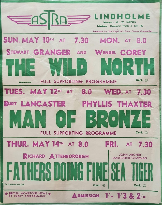 1950's UK Playbill for the Lindholme Astra Cinema with The Wild North with Stewart Granger, Man of Bronze with Burt Lancaster, Fathers Doing Fine with Richard Attenborough and Sea Tiger with John Archer (3)