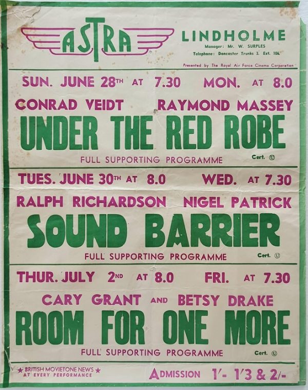 1950's UK Playbill for the Lindholme Astra Cinema with Under The Red Robe with Conrad Veidt, Sound Barrier with Ralph Richardson and Room For One More with Cary Grant and Betsy Drake (1)