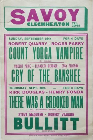 1971 UK cinema window card with Bullitt with Steve McQueen and Robert Vaughn, There Was Crooken Man with Kirk Douglas, Cry Of The Banshee with Vincent Price and Count Yorga the Vampire