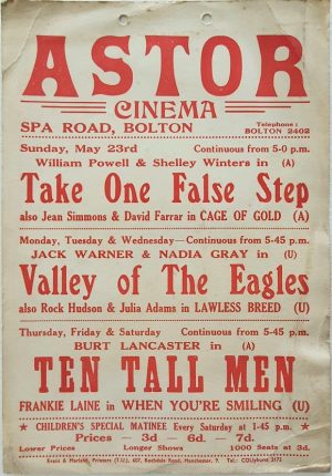 1951 UK Astor cinema window card with Take One False Step with William Powell & Shelley Winters, Valley Of The Eagles with Jack Warner & Nadia Gray, Ten Tall Men with Burt Lancaster, When You're Smiling with Frankie Laine