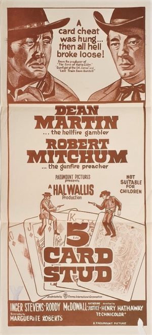 5 Card Stud Australian Daybill Poster with Dean Martin and Robert Mitchum western gambling theme