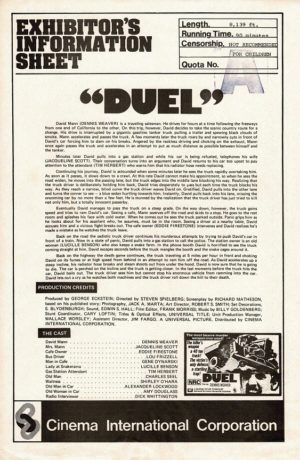 Duel Press Sheet Directed By Steven Spielberg