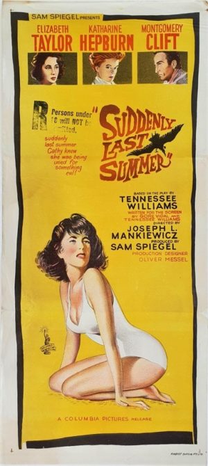 Suddenly Last Summer Australian daybill movie poster with Elizabeth Taylor, Joseph L. Mankiewicz, Katharine Hepburn, Montgomery Clift 1959