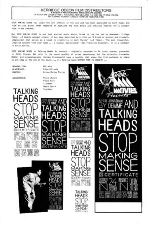 Talking Heads Stop Making Sense Nz Press Sheet