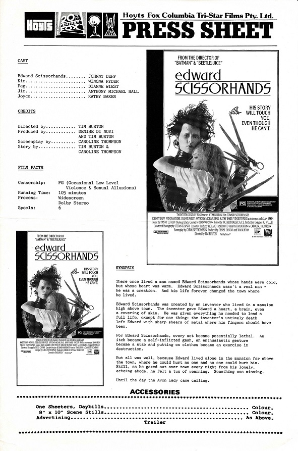 Edward Scissorhands Australian Press Sheet Tim Burton And Johnny Depp