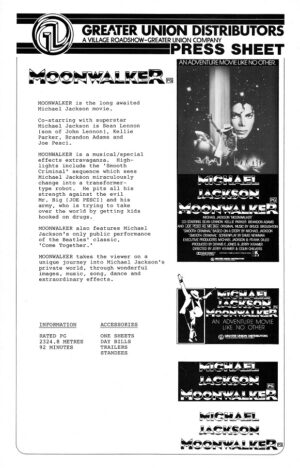 Moonwalker Australian Press Sheet Michael Jackson