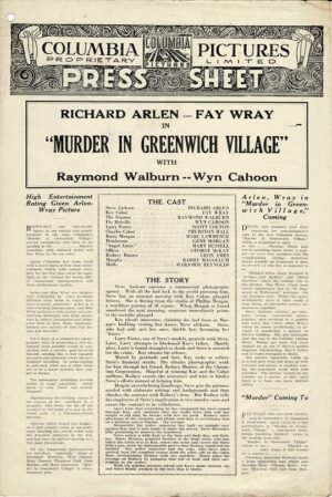 Murder In Grenwich Village Australian Press Sheet 1937 Richard Arlen And Fay Wray