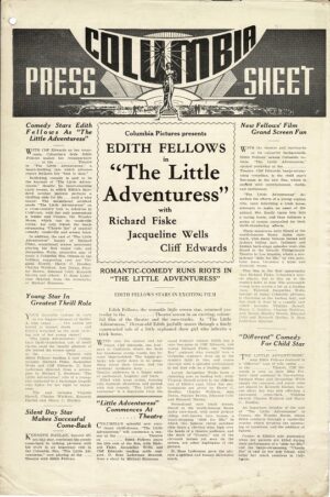 The Little Adventuress Australian Press Sheet 1938 Edith Fellows